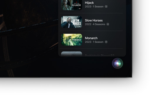 A flat screen television showing list of Apple TV+ movies and shows