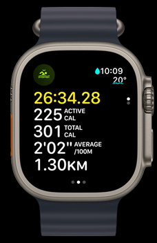 Apple Watch Ultra 2 demonstrating an open-water swim with the time, calories and pace.