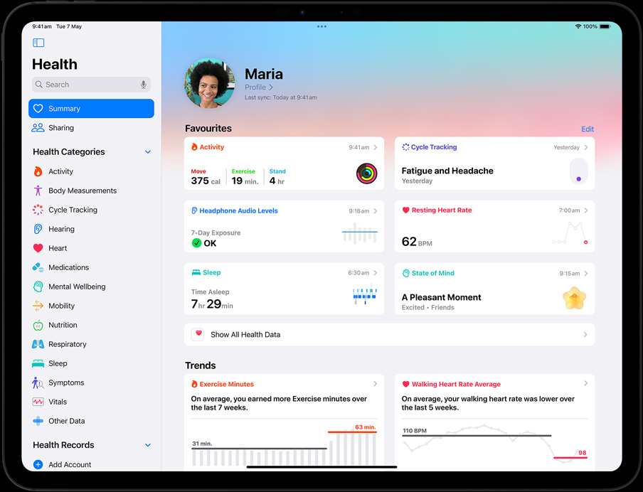 iPad Pro in landscape orientation, screen displaying user’s Health app summary