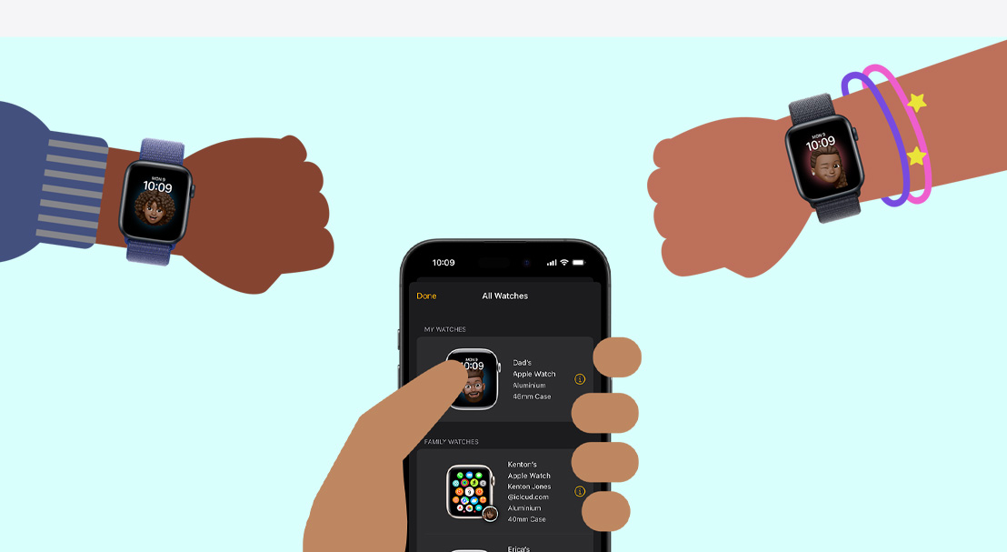 Illustration of two childrens’ hands and an adult hand holding an iPhone 16. Each child is wearing an Apple Watch SE. The adult hand is setting up Apple Watch For Your Kids.