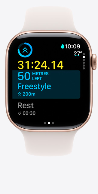 Front view of an Apple Watch Series 10 showing a Custom Workout screen for Pool Swim with swimming metrics onscreen.