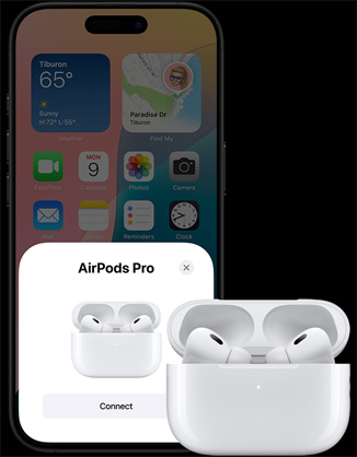 Отворена кутия зарядно с AirPods 4 в нея до iPhone, показващ, че AirPods 4 вече са свързани.