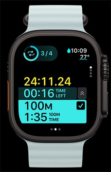 Apple Watch Ultra 2, показващ времеви интервал на тренировка като част от Custom Workouts.