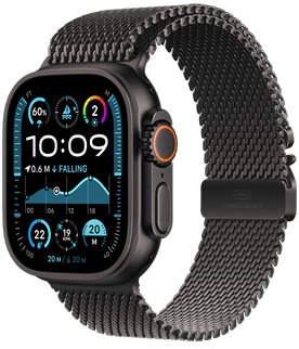 Apple Watch Ultra 2 с черен титанов корпус и каишка Trail Loop в черно.