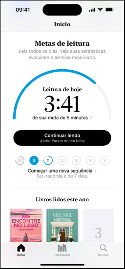 A tela do iPhone mostra a interface Metas de Leitura no app Livros. No alto, aparece um círculo de progresso. Abaixo do círculo de progresso está o acompanhamento da sequência de leitura semanal. Na parte inferior, aparece a seção Livros lidos este ano, que inclui uma fileira com dois livros e um espaço vazio para o terceiro