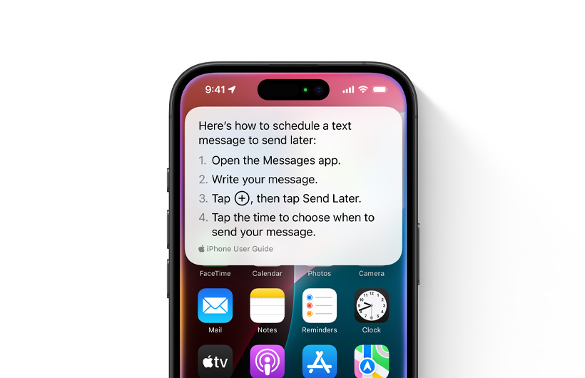 Imagem de um iPhone com orientações passo a passo sobre como programar uma mensagem de texto para enviar mais tarde.