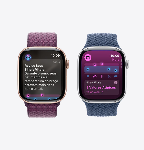 Um Apple Watch Series 10 com uma notificação para revisar os sinais vitais e outro Apple Watch Series 10 mostrando dois valores atípicos no app Sinais Vitais.