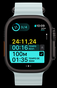 O Apple Watch Ultra 2 mostra um intervalo de treino cronometrado como parte dos Exercícios Personalizados.