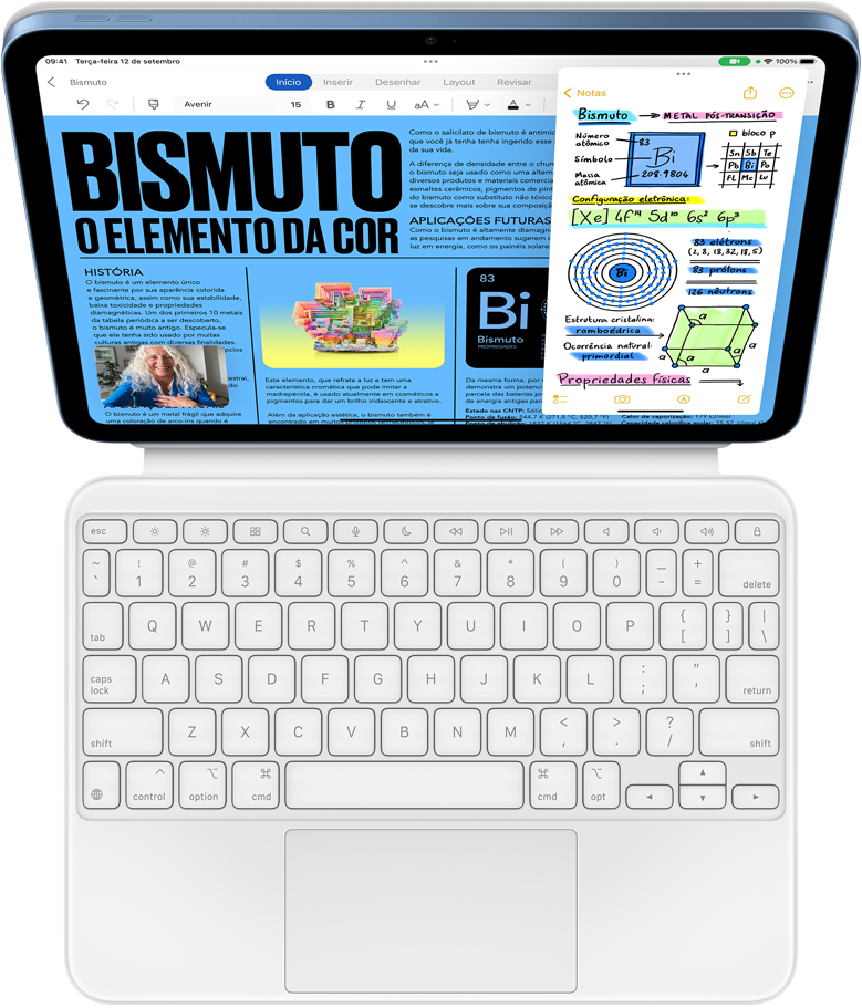 Imagem da tela do iPad com os apps Microsoft Word, Notas e uma miniatura do FaceTime em Slide Over.