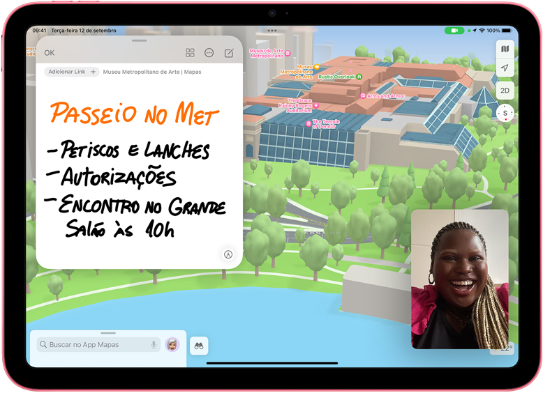 Imagem do iPad mostrando uma Nota Rápida no Mapas e uma miniatura do FaceTime.