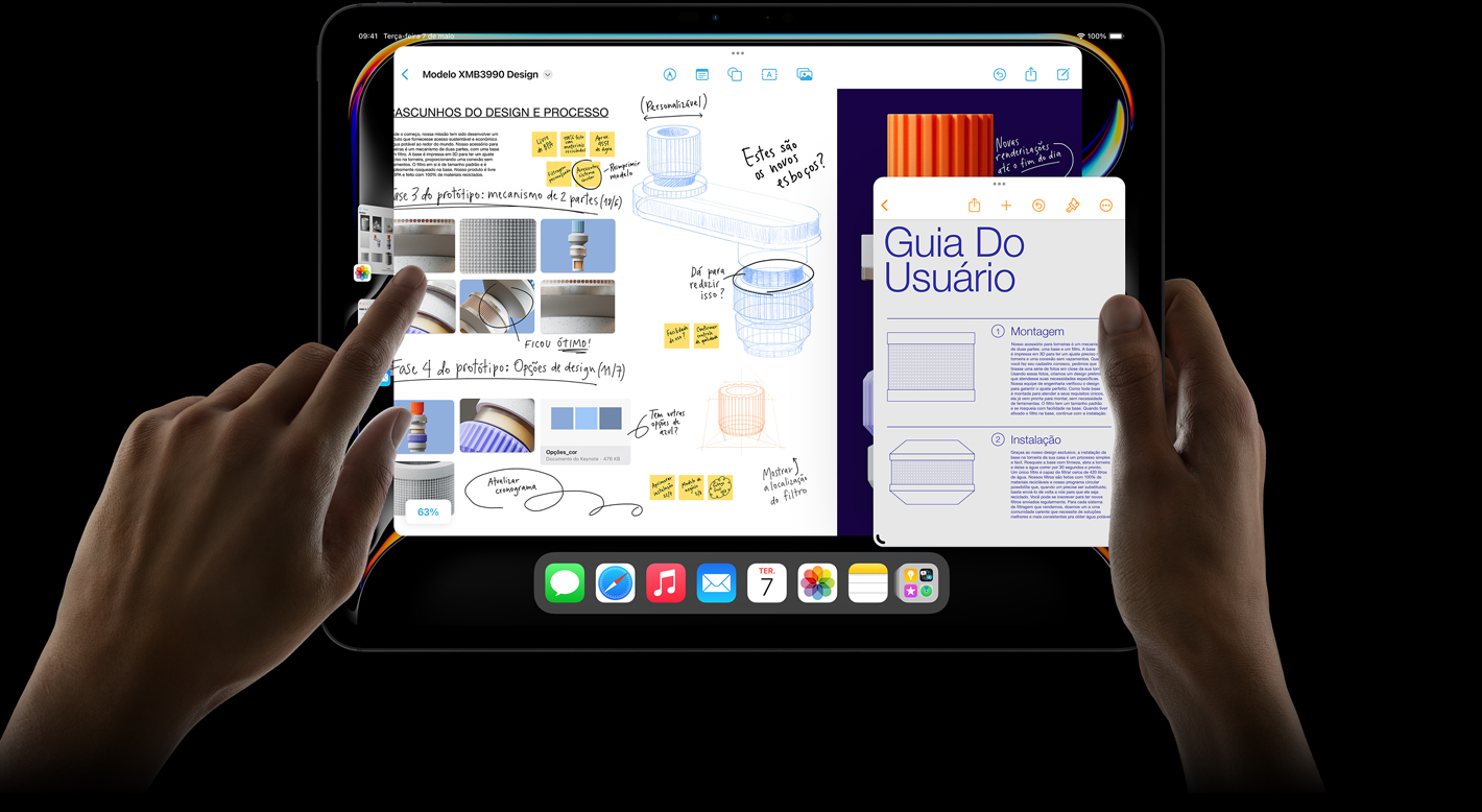 iPad Pro na horizontal, mostrando uma pessoa alternando apps.