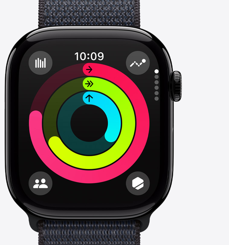 Círculos do app Atividade na tela do Apple Watch Series 10.