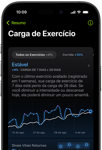 Tela de um iPhone mostra métricas da carga de exercício do último treino avaliado. 