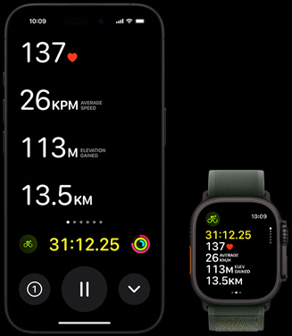 Live Activity showing a person's biking metrics on both their Apple Watch Ultra 2 and their iPhone.