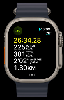 Apple Watch Ultra 2 demonstrating an open water swim with the time, calories and pace.