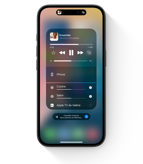 iPhone affichant l’interface d’AirPlay pour la lecture audio dans plusieurs pièces