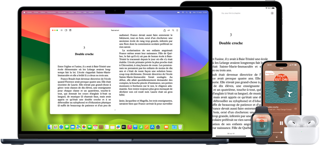 Une page du même livre numérique dans l’app Livres est affichée sur un MacBook Pro et un iPad Air. La couverture du même livre, mais en version audio, s’affiche sur une Apple Watch et un iPhone 15. Un étui d’AirPods Pro est ouvert, et on y voit les écouteurs.