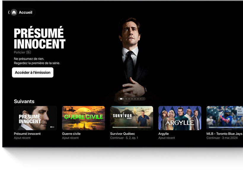 Téléviseur à écran plat montrant l’interface de l’écran d’accueil de l’app Apple TV