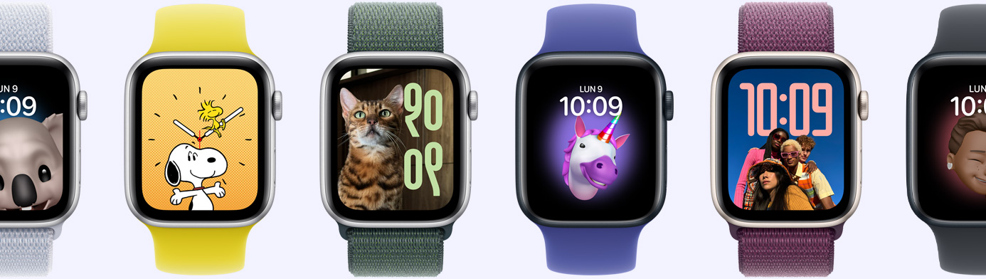 « Six Apple Watch affichant différents cadrans, notamment Memoji, Photos, Portrait et Snoopy »