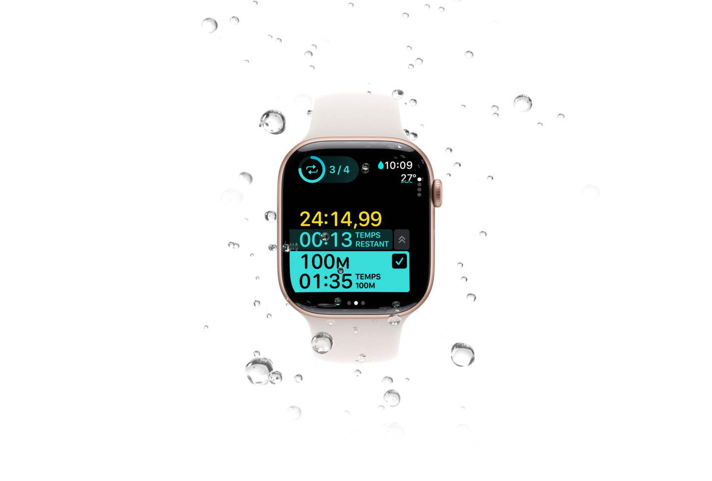 Une Apple Watch Series 10 affichant un entraînement de natation, avec des données comme la température de l’eau; la montre est entourée de bulles d’eau.