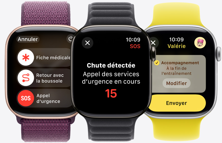 Les curseurs d’appel d’urgence, de fiche médicale et d’itinéraire de retour, affichés sur une Apple Watch Series 10. Une chute est détectée sur une Apple Watch Series 10. Message d’Accompagnement sur le point d’être envoyé sur une Apple Watch Series 10.