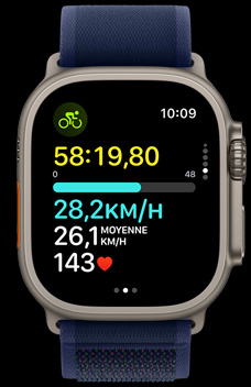 Apple Watch Ultra 2, affichant la vitesse d’une personne sur son vélo.