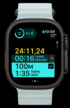 Apple Watch Ultra 2, affichant un intervalle chronométré dans le cadre d’un entraînement personnalisé.