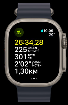 Apple Watch Ultra 2, affichant la durée, les calories dépensées et le rythme d’une séance de nage en eau libre.