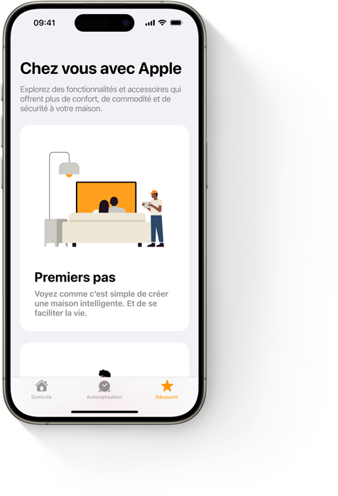 Un iPhone montrant la vue Premiers pas de l’app Domicile.