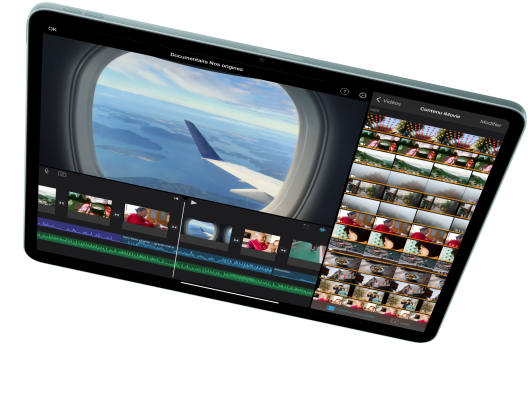 iPad Air en orientation paysage, montrant le montage vidéo dans iMovie