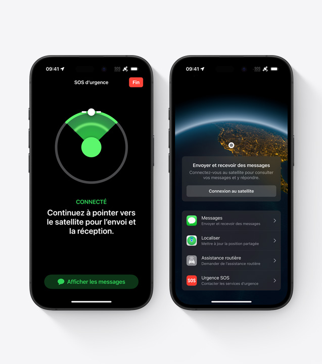 Un iPhone affichant une interaction à l’écran de la fonctionnalité Urgence SOS par satellite. À côté, un autre iPhone affiche une interaction à l’écran de la fonctionnalité Détection d’accident.