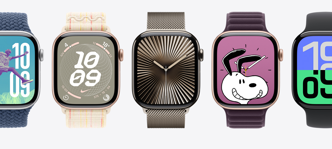 Plusieurs Apple Watch affichant divers cadrans, dont Réflexions et Snoopy.