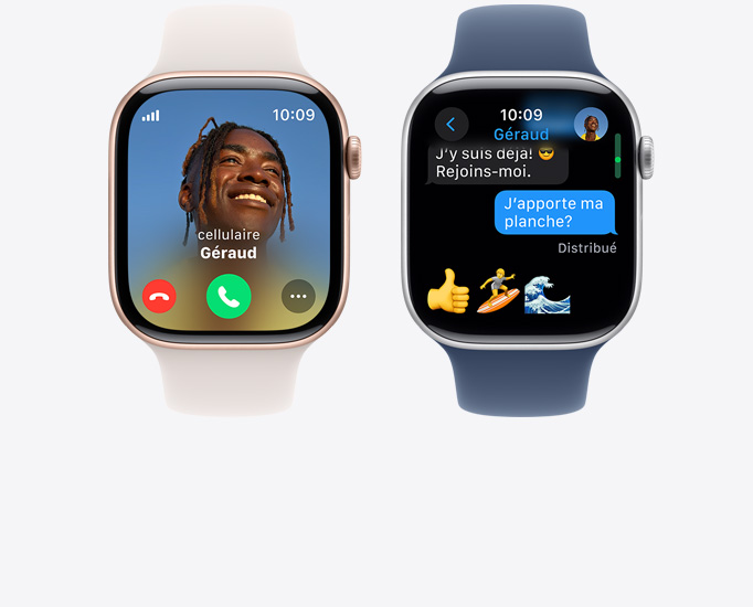 Vue de deux Apple Watch Series 10, affichant respectivement un appel et un texto.