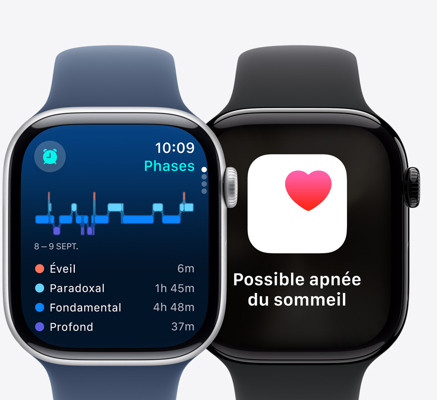 Vue de deux Apple Watch Series 10, affichant respectivement des phases de sommeil, et une notification de mise à jour de l’objectif de sommeil.