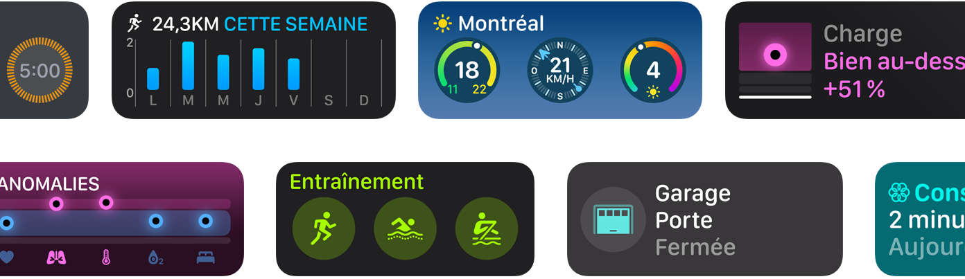 Sélection de nouveaux widgets d’apps dans watchOS