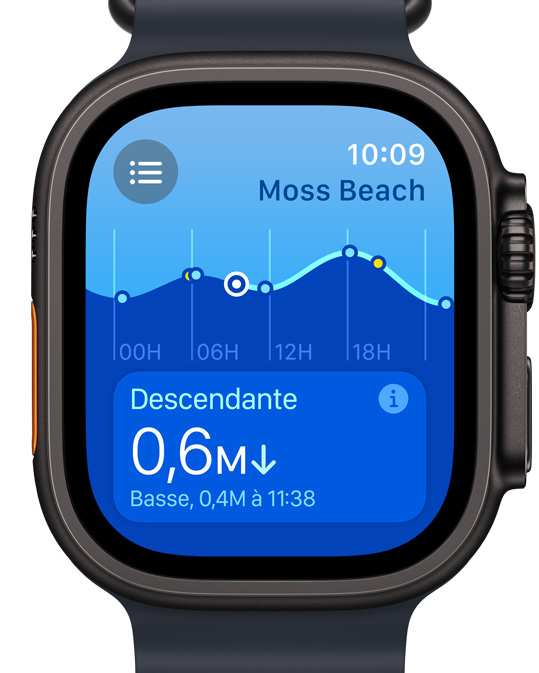 Écran d’Apple Watch Ultra affichant la nouvelle app Marées.