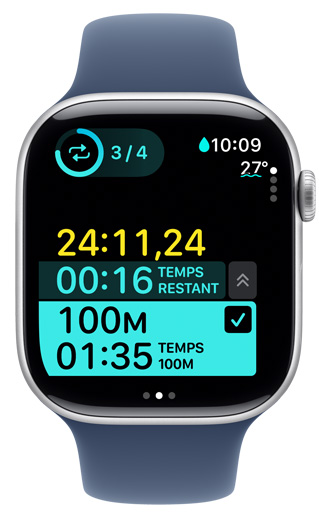 Écran d’Apple Watch affichant le minuteur d’un entraînement en piscine personnalisé