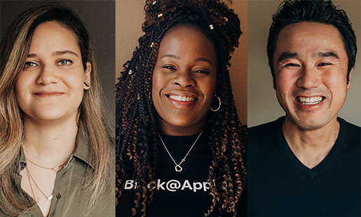 Three photo portraits of Apple employees, each smiling at the reader.