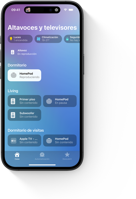 En la pantalla de un iPhone, se muestra la interfaz de 'TV y bocinas' en la app Casa