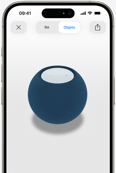 Un HomePod mini azul en la pantalla de un iPhone con realidad aumentada.