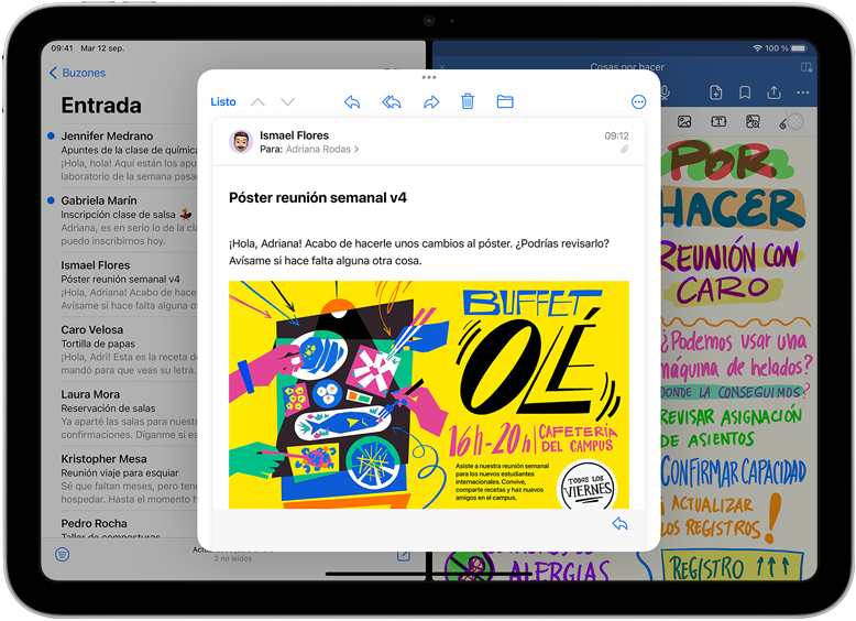 iPad con las app Mail y GoodNotes abiertas una al lado de la otra