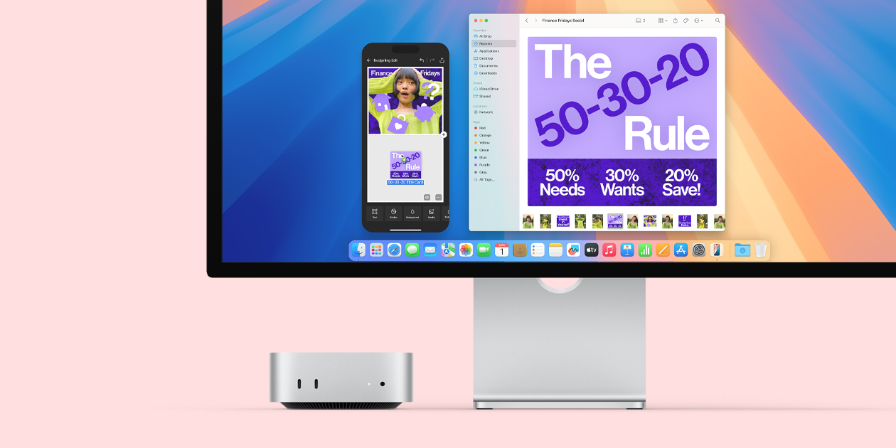 Vista frontal de un Mac mini con puertos delanteros y luz de encendido, que cabe perfectamente debajo de un monitor Mac con una pantalla colorida e íconos de apps en el Dock