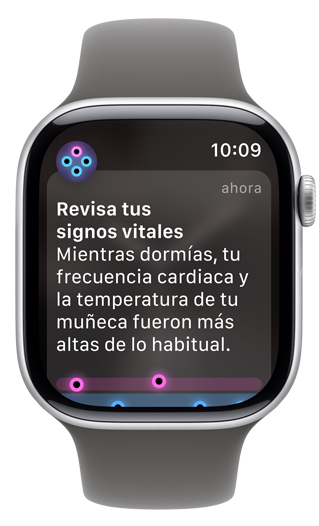 La pantalla de un Apple Watch muestra una notificación recomendando consultar los signos vitales