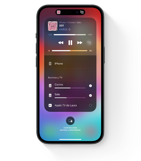 En la pantalla de un iPhone, se muestra la interfaz de AirPlay con reproducción de audio en varias habitaciones