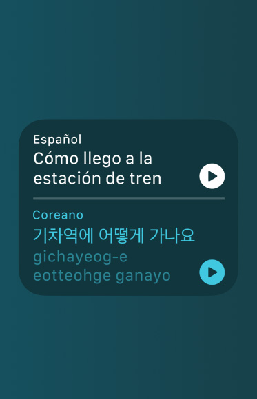 La app Traducir muestra una traducción al coreano y la pronunciación de la frase "¿Cómo llego a la estación de tren?".