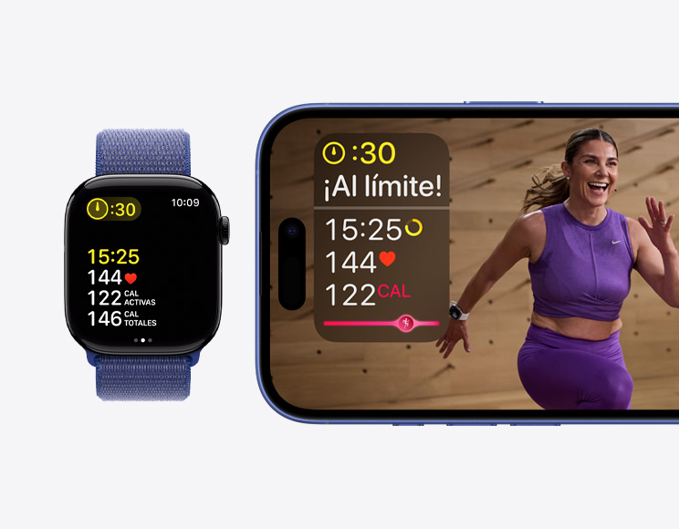 Un iPhone muestra un entrenamiento de Apple Fitness+ con datos sobre la duración, la frecuencia cardiaca y las calorías quemadas junto a un Apple Watch Series 10 que muestra un entrenamiento de Apple Fitness+ con los mismos datos.