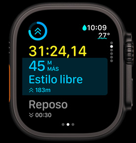 Pantalla de A Continuación muestra la distancia por recorrer en un entrenamiento de natación de estilo libre.