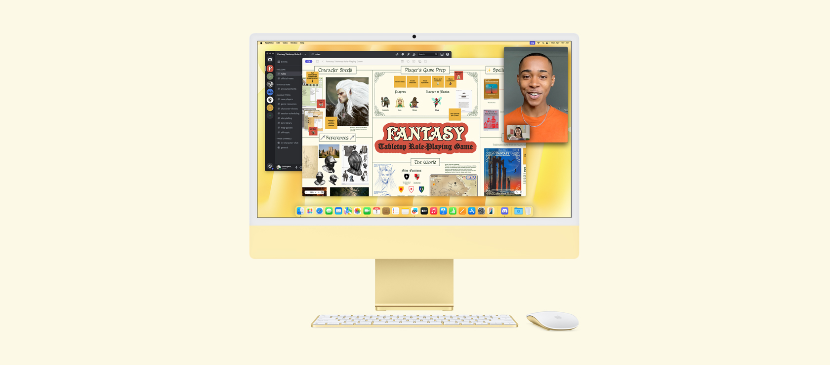 iMac amarillo. La pantalla muestra las apps Freeform, Discord y FaceTime usadas juntas para una sesión de juego de rol