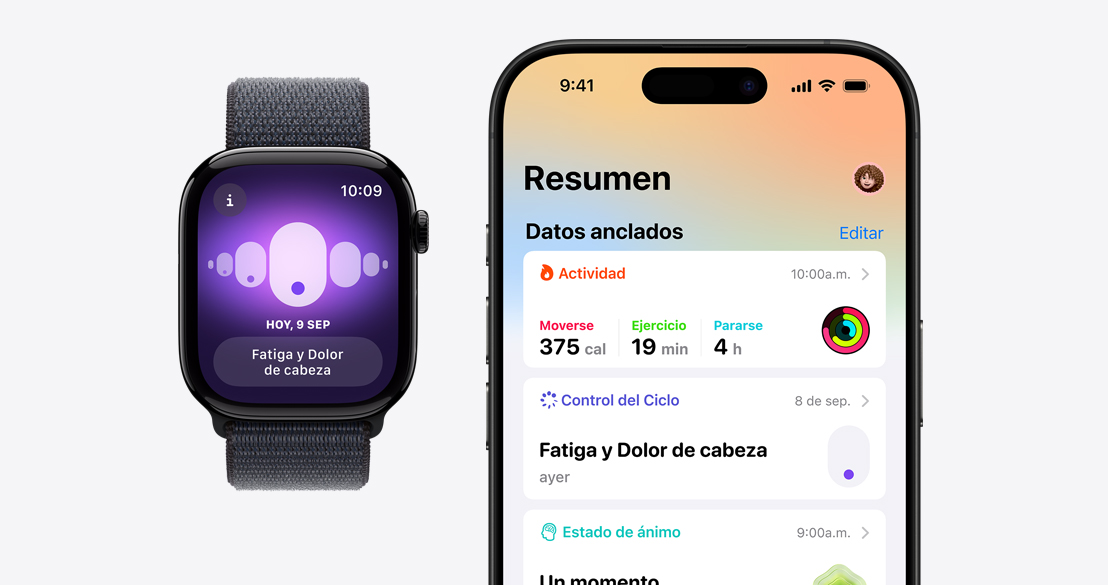 Un Apple Watch Series 10 que muestra la app Control del Ciclo y un iPhone 16 Pro con la app Salud que muestra información de Control del Ciclo.