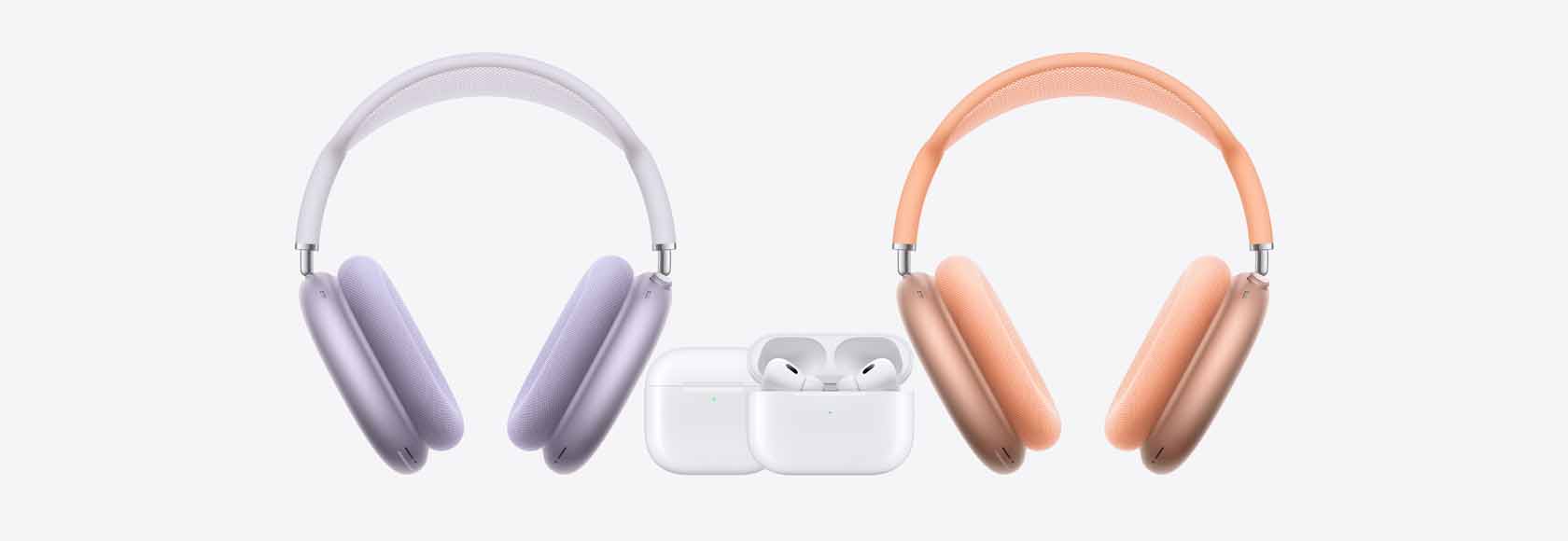 AirPods Max a la izquierda y a la derecha, y AirPods 4 y AirPods Pro 2 en el centro.